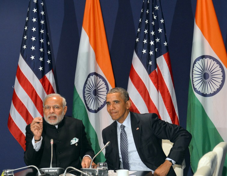 India's Prime Minister, Narendra Modi meeting US President o Barack Obama, on the sidelines of COP21 Summit, in Paris, France 