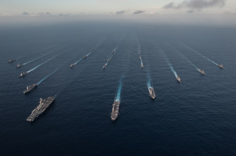 The Ronald Reagan Carrier Strike Group (CSG) is underway in formation with Japan Maritime Self-Defense Force ships during Annual Exercise 16. (U.S. Navy photo)